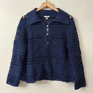 Sundance Women's Blue Nayumi Pointelle Open Knit Henley Pullover Sweater